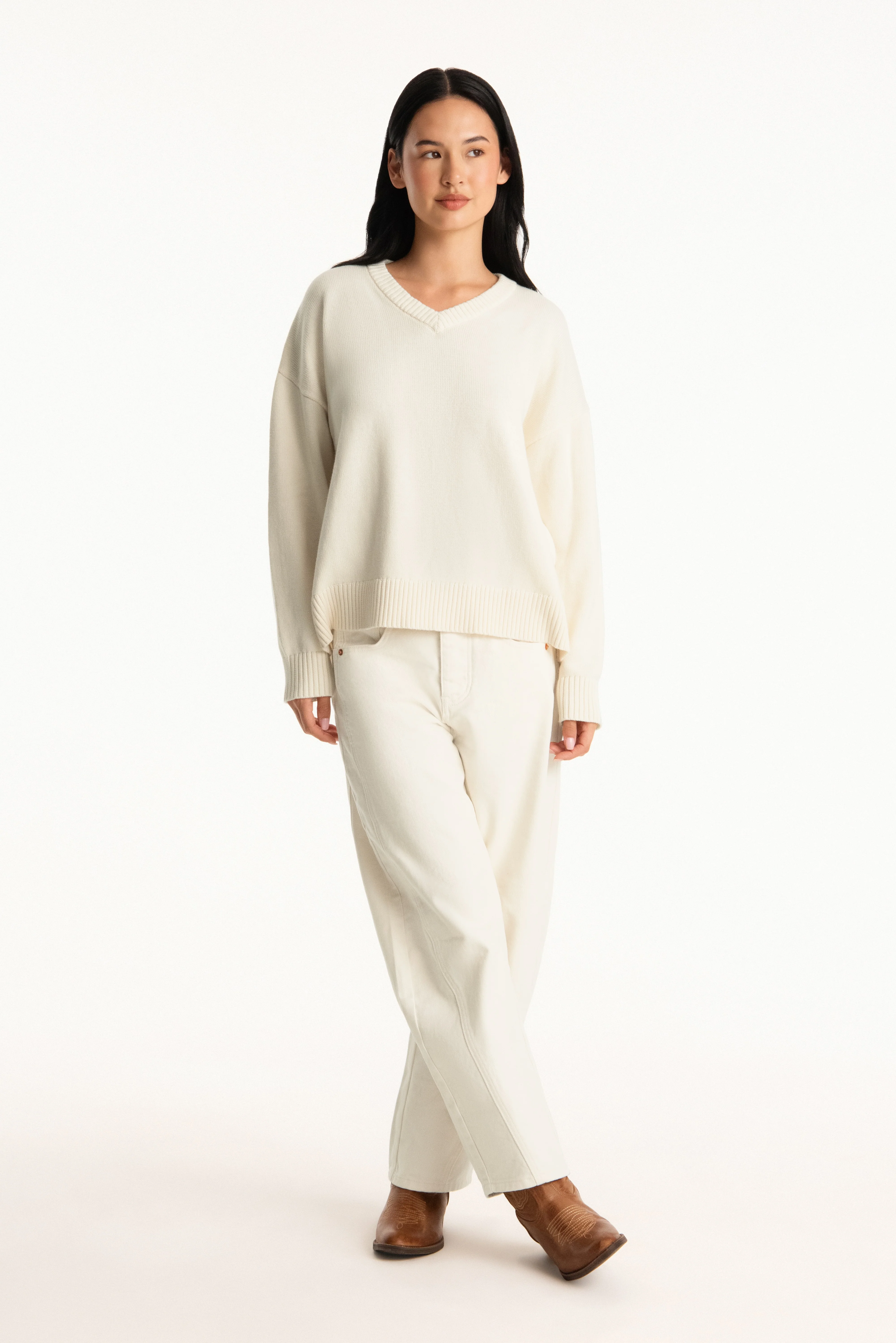 SET X PARKE COTTON V-NECK SWEATER - CREAM - Image 3